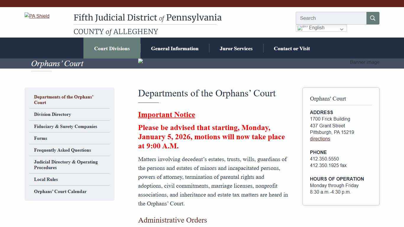 Departments of the Orphans' Court - Fifth Judicial District of Pennsylvania